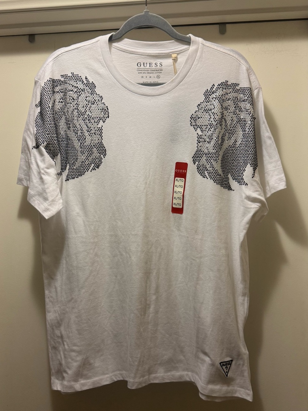 GUESS White Short-Sleeve Tee with Black Lion Dot Prints